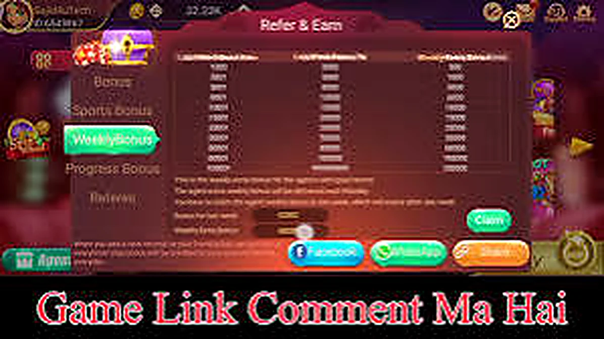 3 Patti No1 Refer and Earn dashboard with weekly bonus reward table