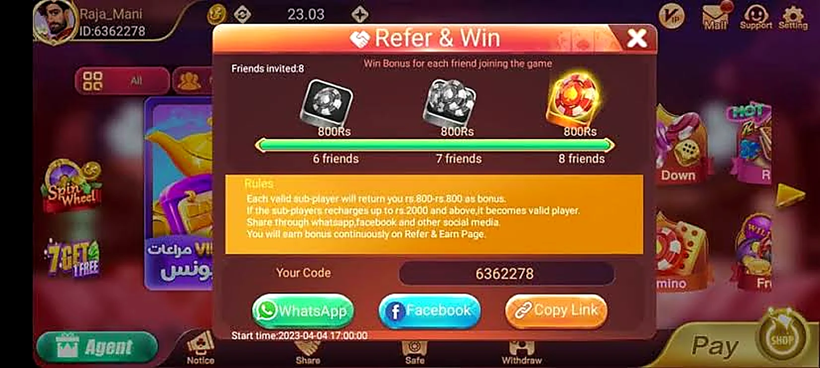 3 Patti No1 Refer and Win pop-up showing reward milestones for inviting friends