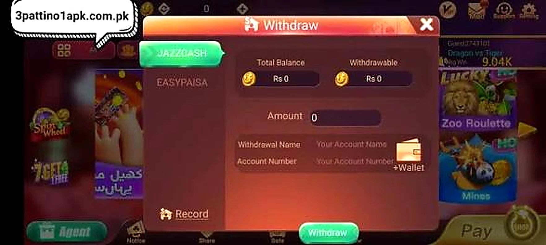 3 Patti No1 withdraw pop-up with JazzCash and EasyPaisa cash-out options